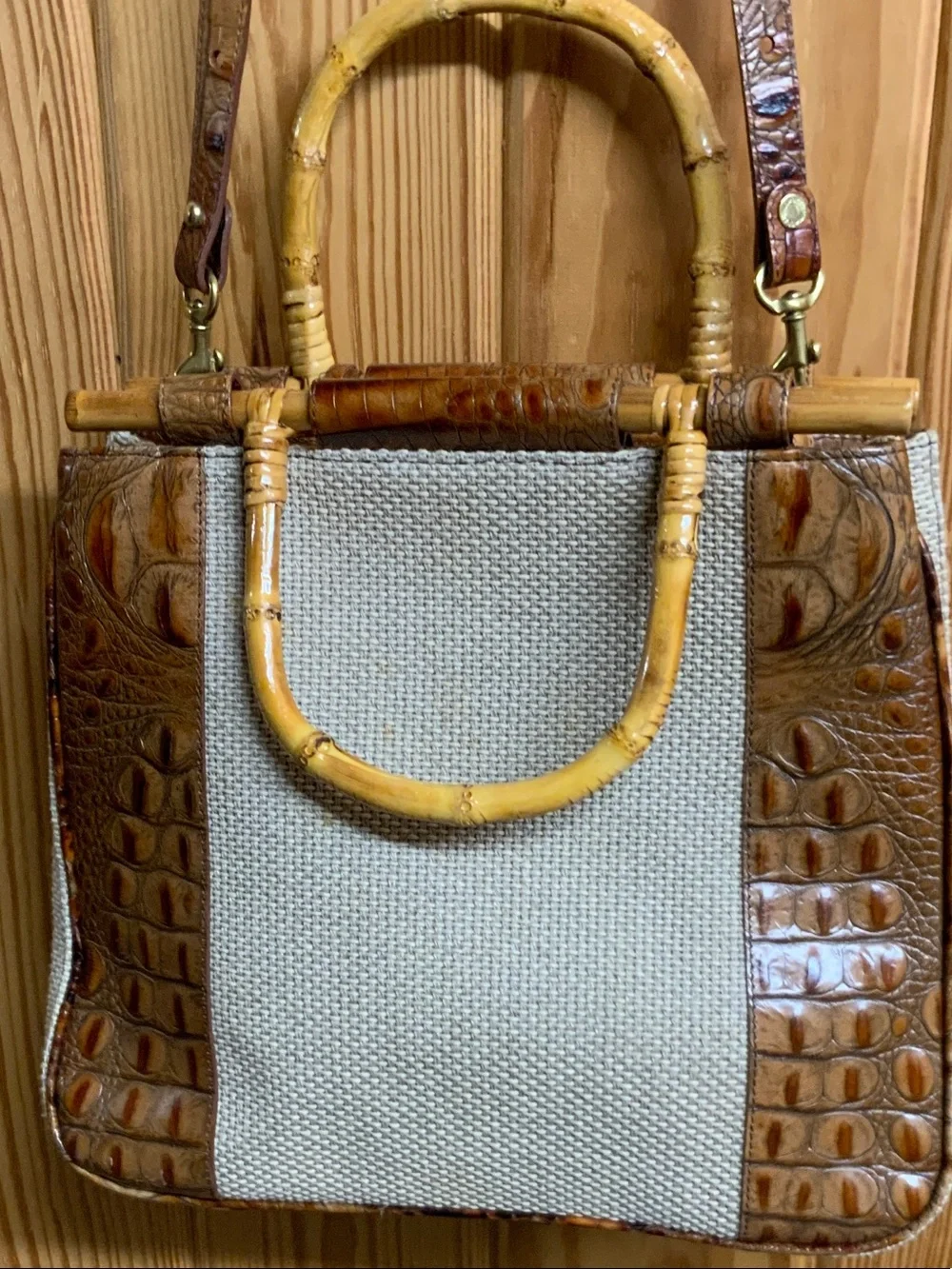 Brahmin Brown & Cream Leather-Trim Crossbody Bag with Bamboo Handles